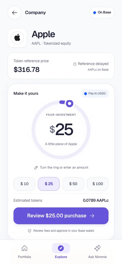 Nimmie company detail and purchase screen